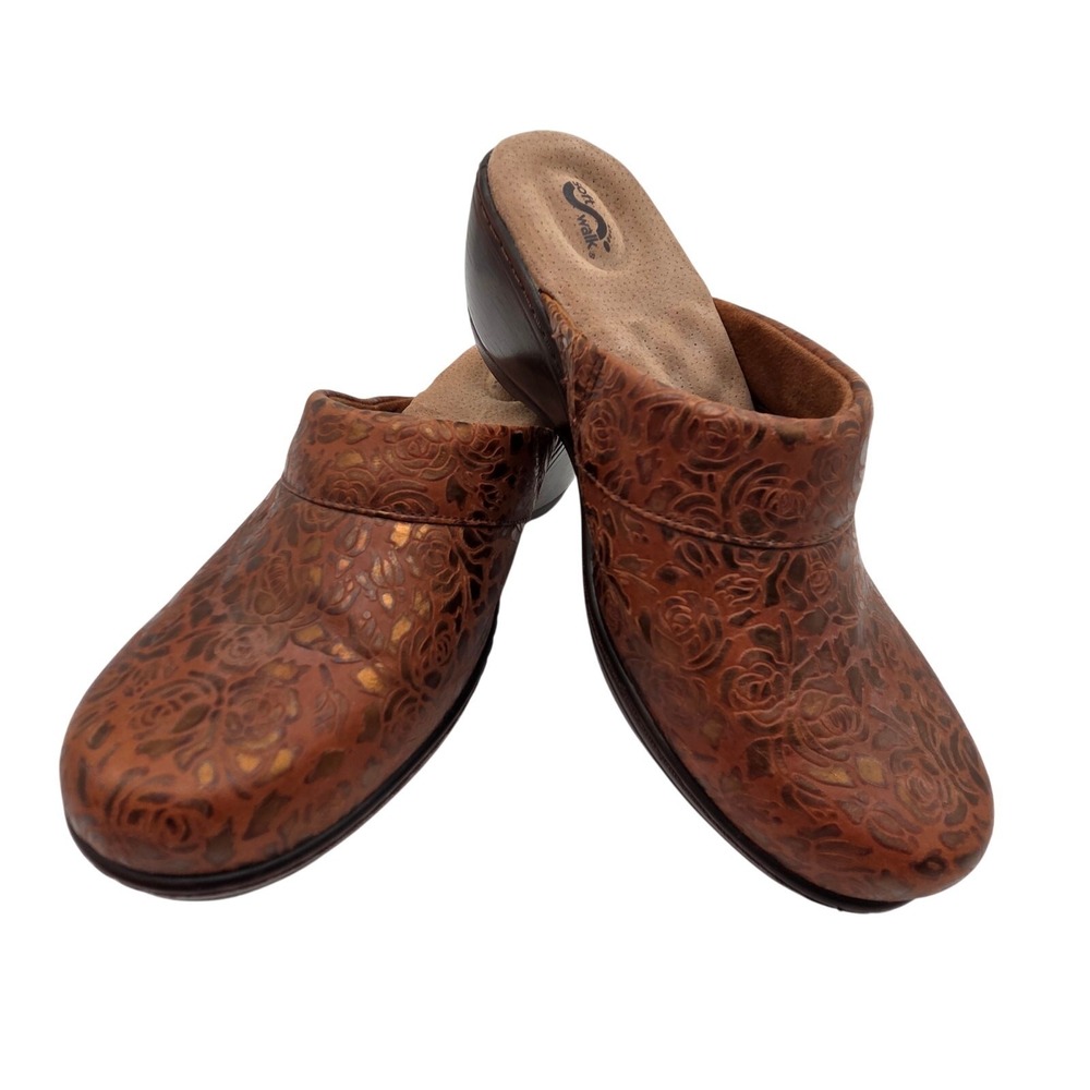 SoftWalk Meredith Floral Embossed Leather Clogs Brown Metallic Rose Mules EX